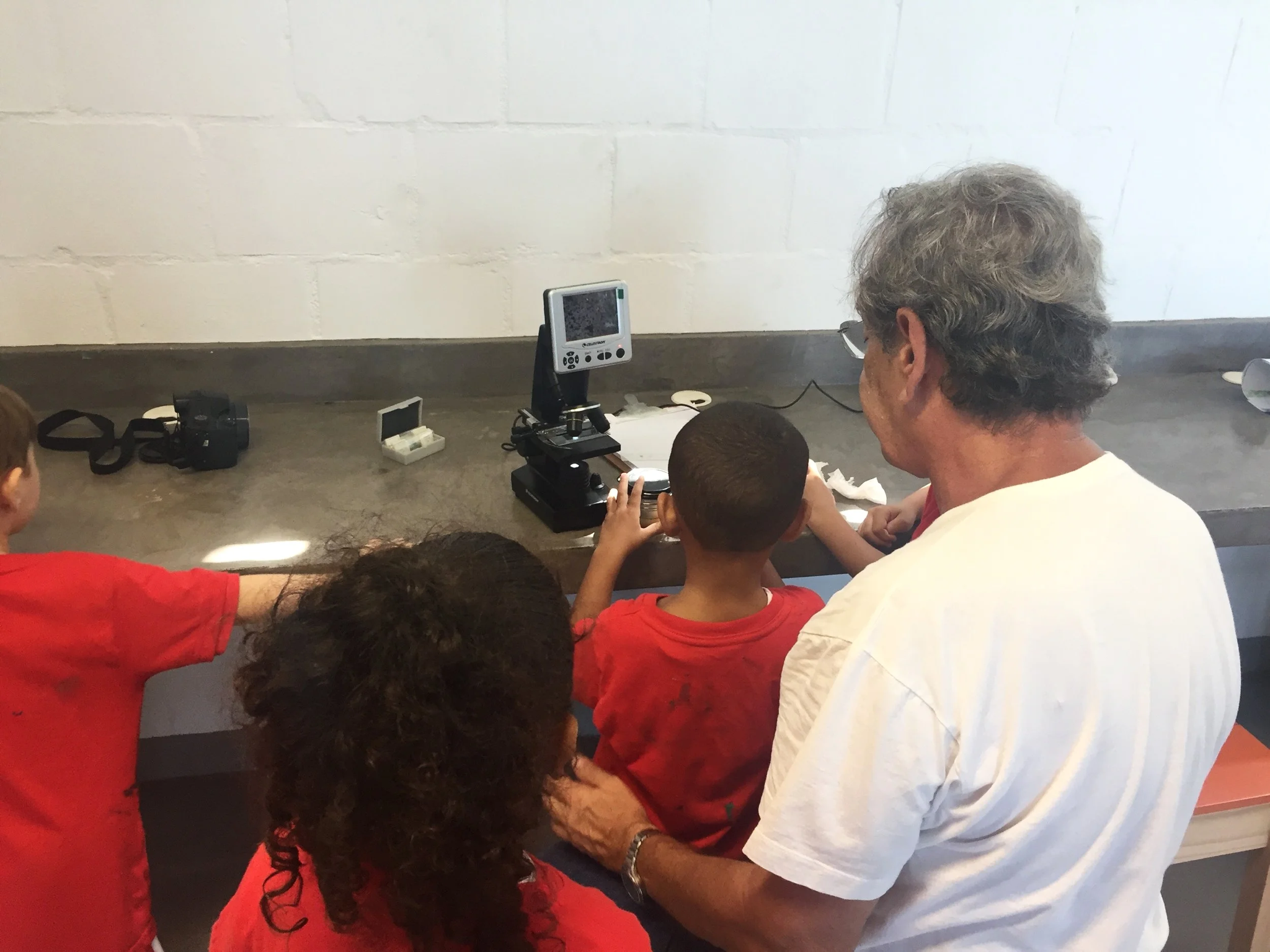 Children viewing samples with an educational microscope