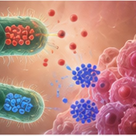 Illustration of engineered bacteria delivering oncolytic viruses to tumor cells